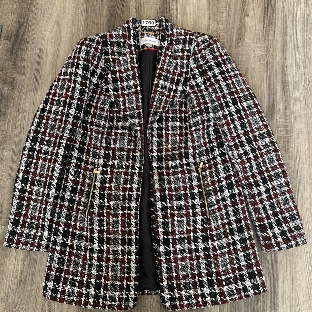 Calvin Klein 6 Petite Red White Black Tweed Evening Coat Mid Length Old Money